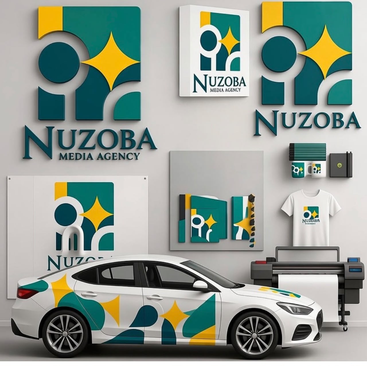 Nuzoba’s teal and gold brand concept, including signage, stationery and vehicle applications